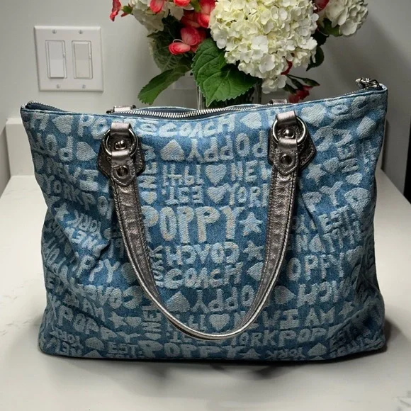 Coach 16988 Poppy Denim Blue and Silver Tote Shoulder Bag - Picture 2 of 16